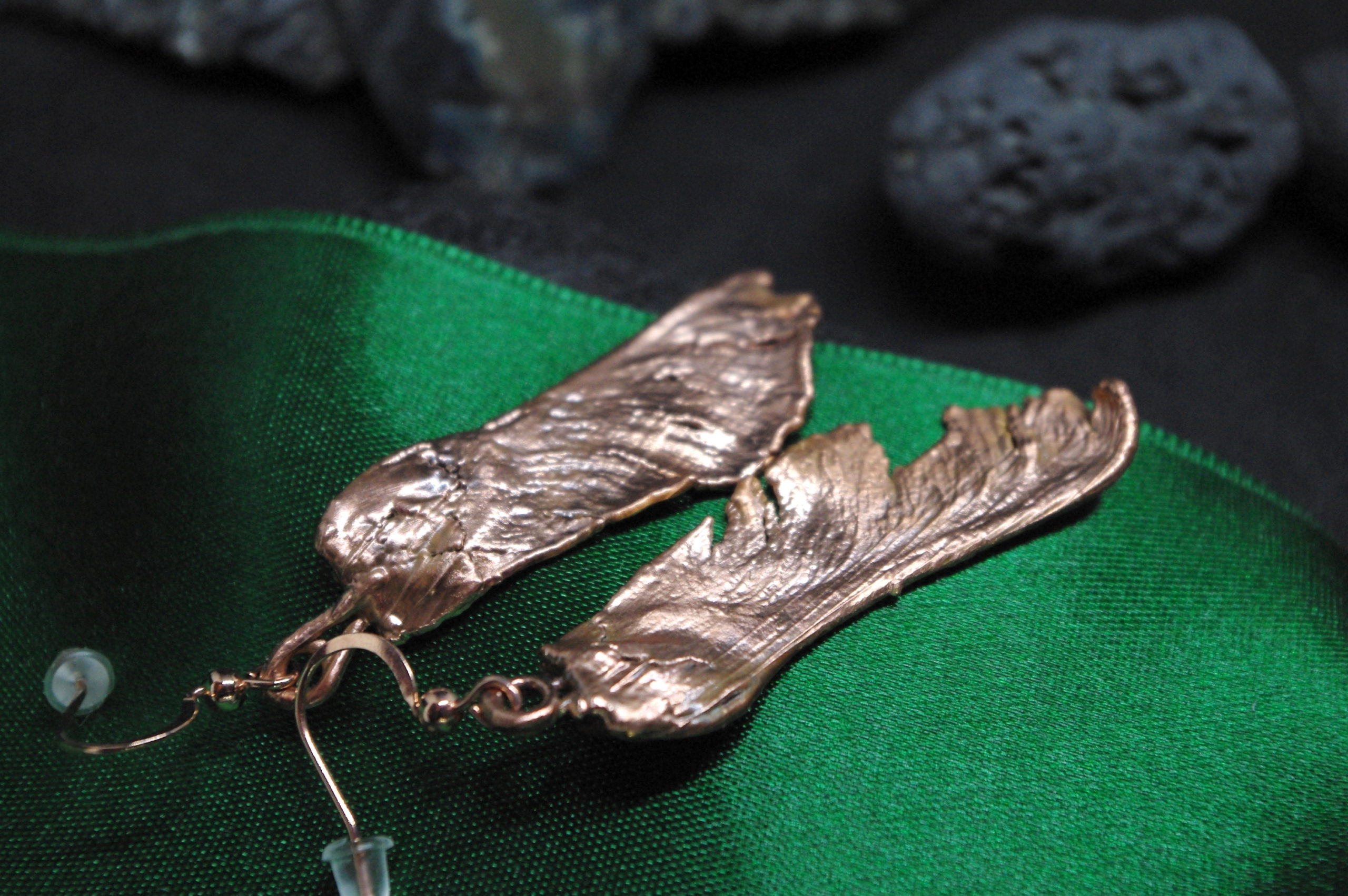 copper plated single piece maple seed earrings