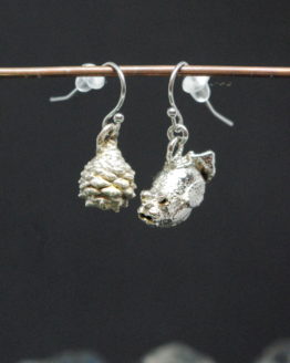silver plated pine cone and snapdragon seed box earrings
