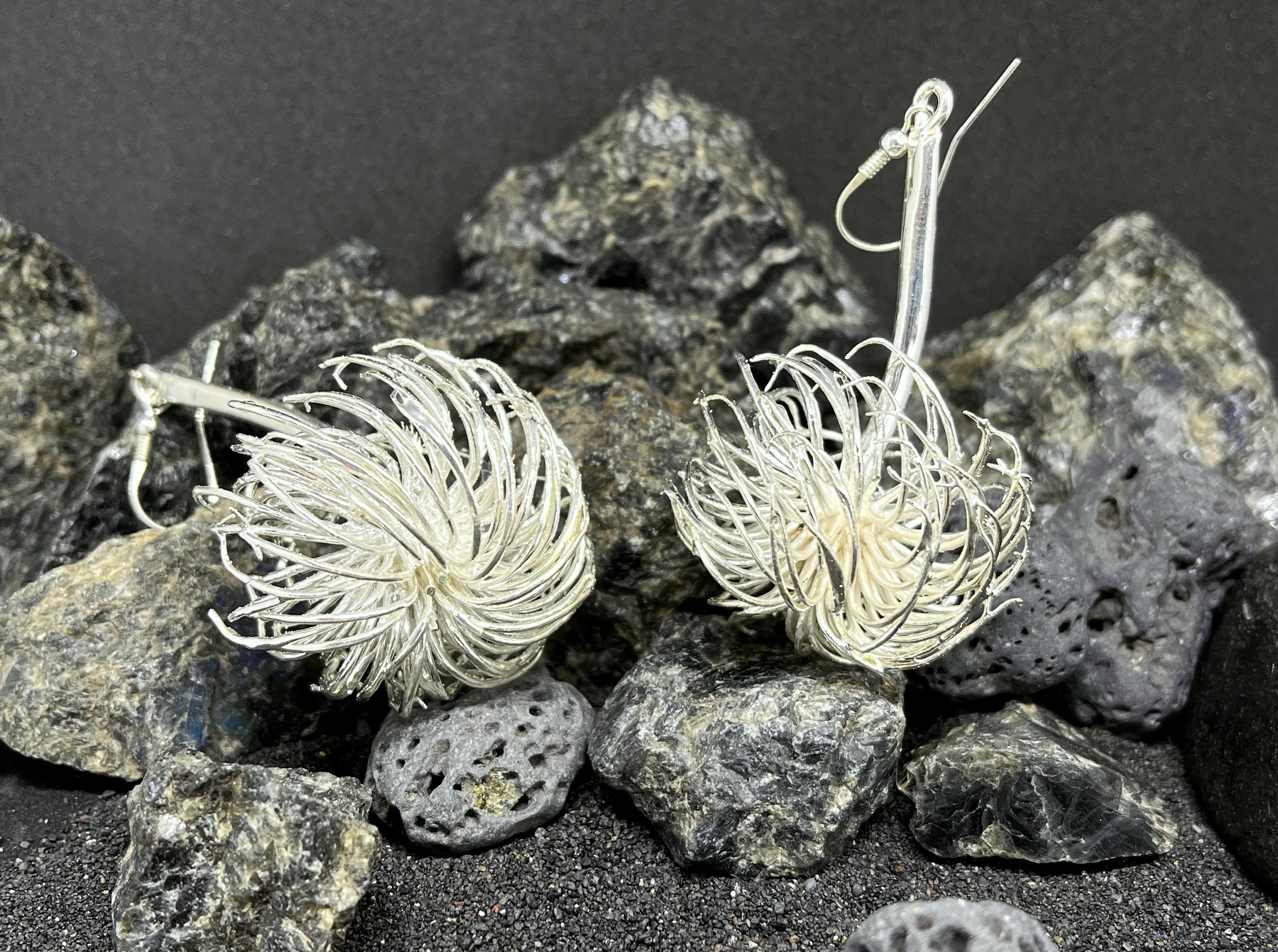 silver plated clematis flower dangling earrings