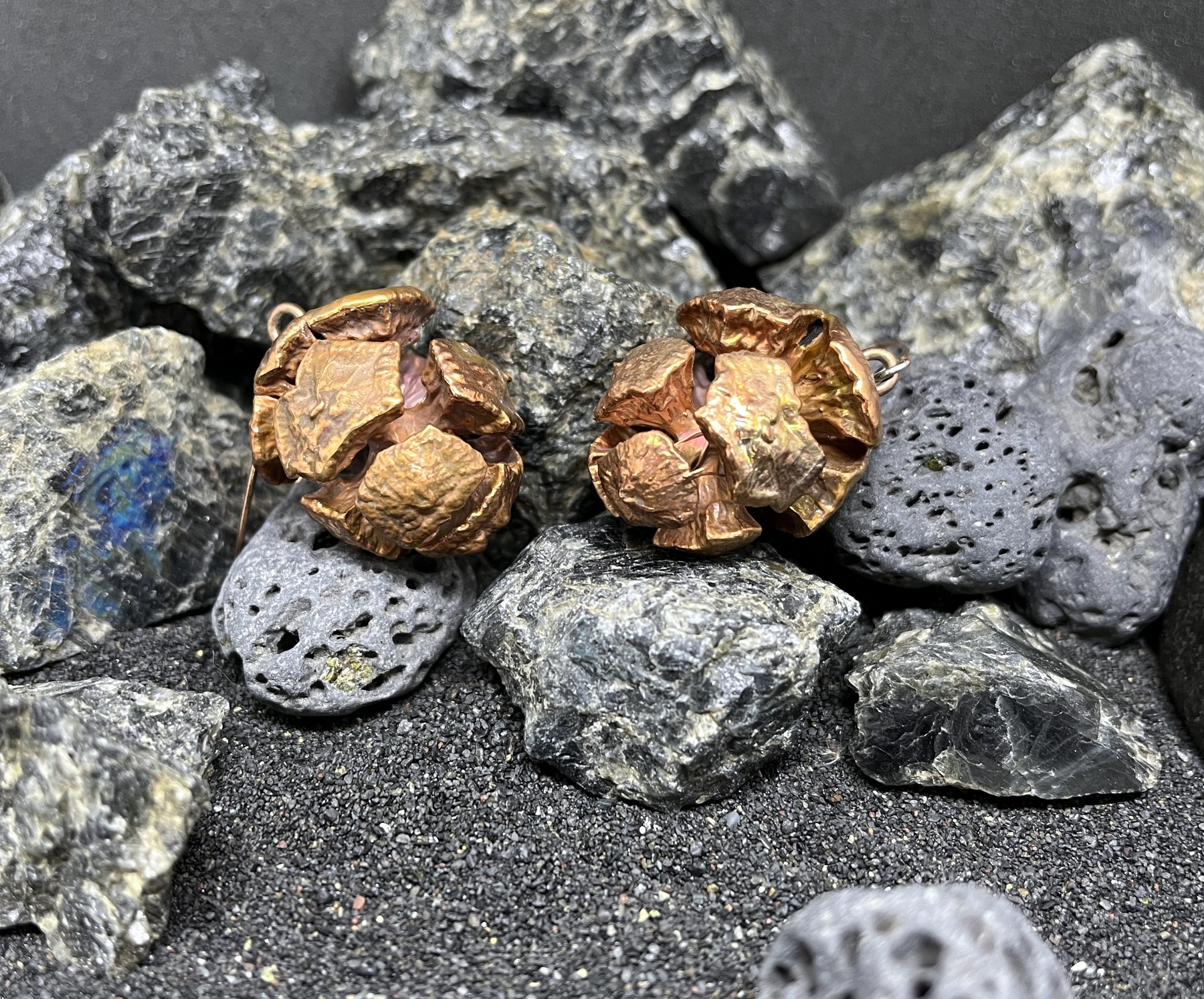 copper plated false cypress seed pod earrings