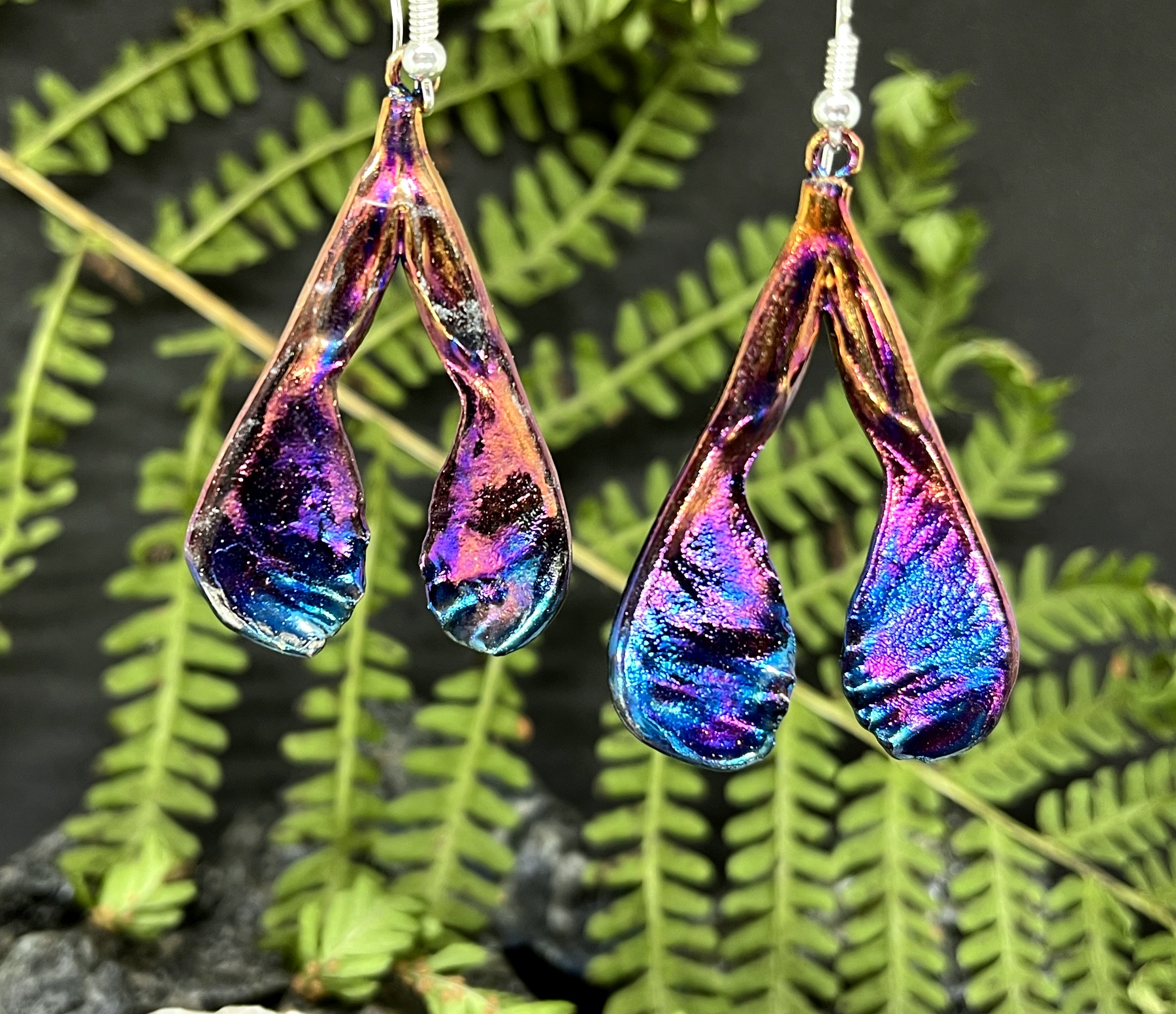 colorfully aged silver plated maple seed earrings