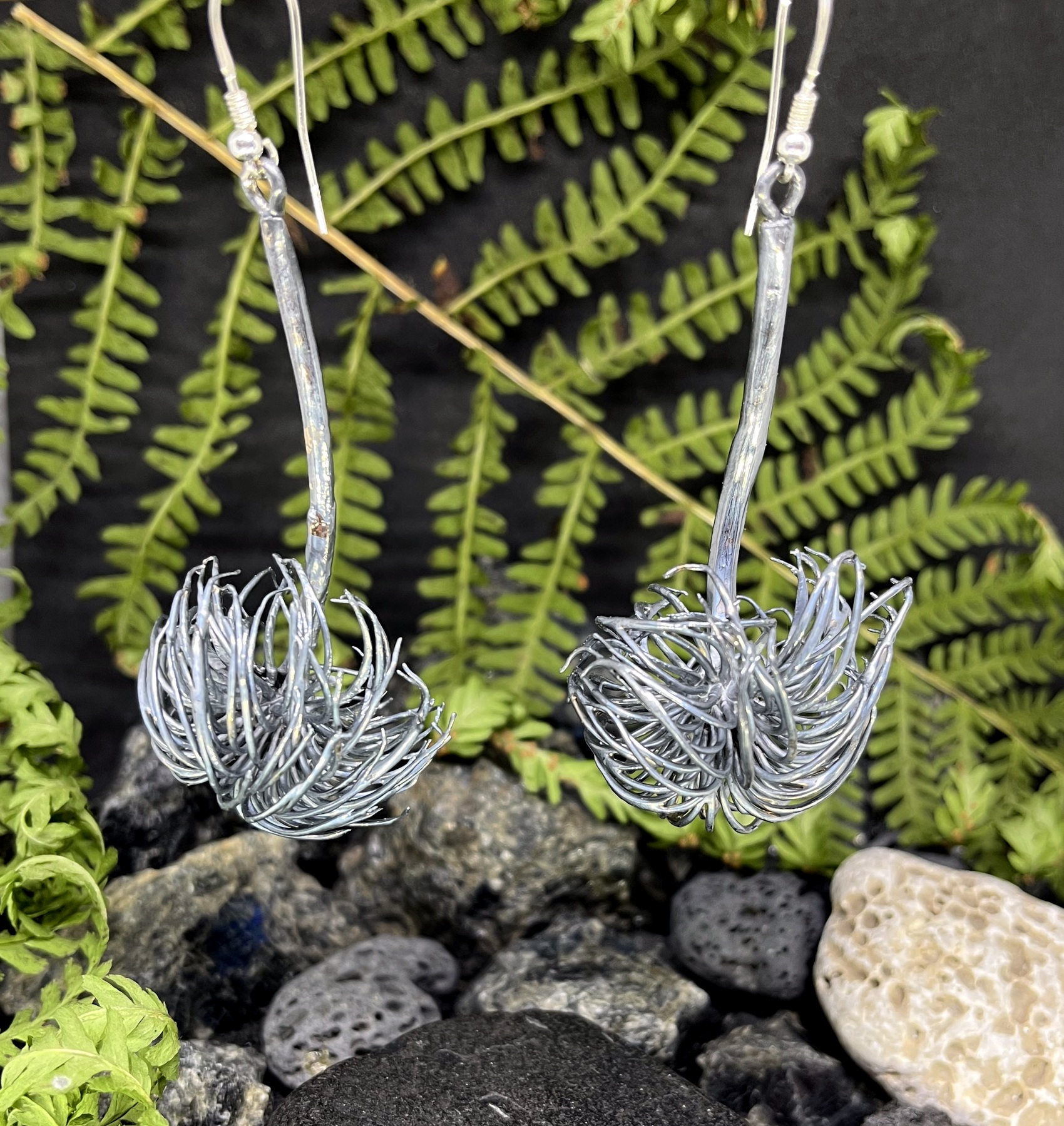 silver plated clematis flower dangling earrings