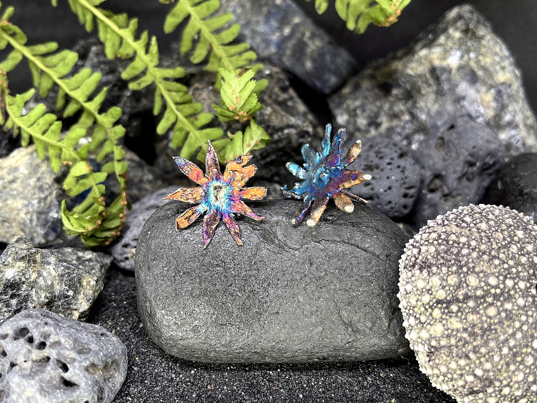 funky silver plated and colorfully aged strawberry calyx stud earrings